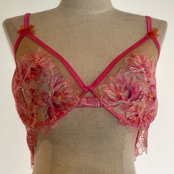 NWT FOR LOVE & LEMONS HIBISCUS EMBROIDERED MESH UNDERWIRE BRA IN PINK - Picture 3 of 7